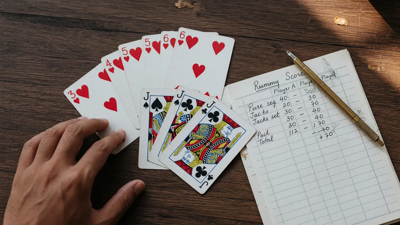 A close-up of a rummy hand laid out on dark wood.