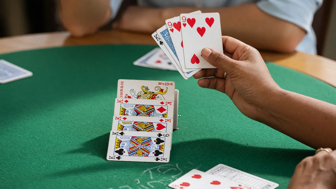 A close-up photograph of a clean meld stack being arranged face-up on a green baize mat, soft natural window light.