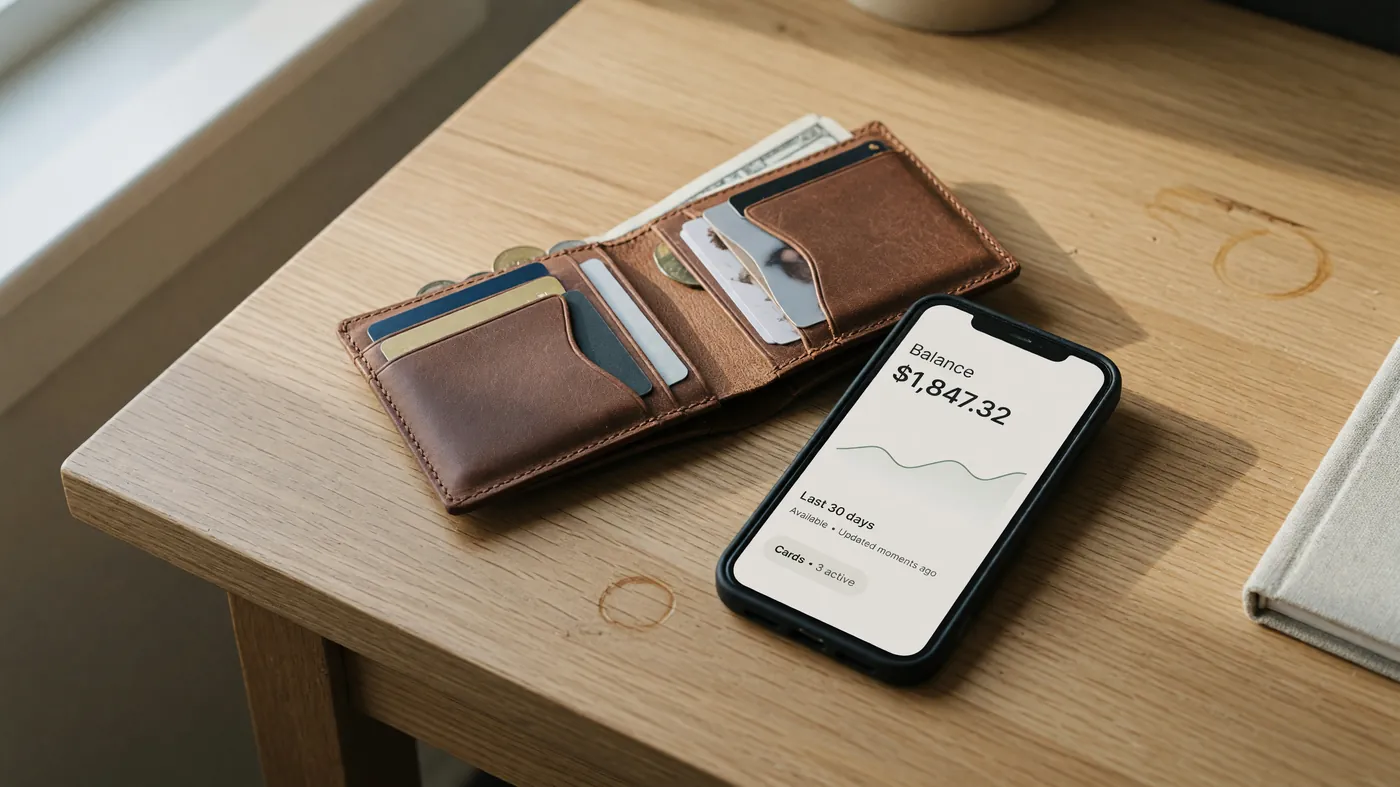 A wallet and a smartphone resting on a wooden desk in soft daylight.