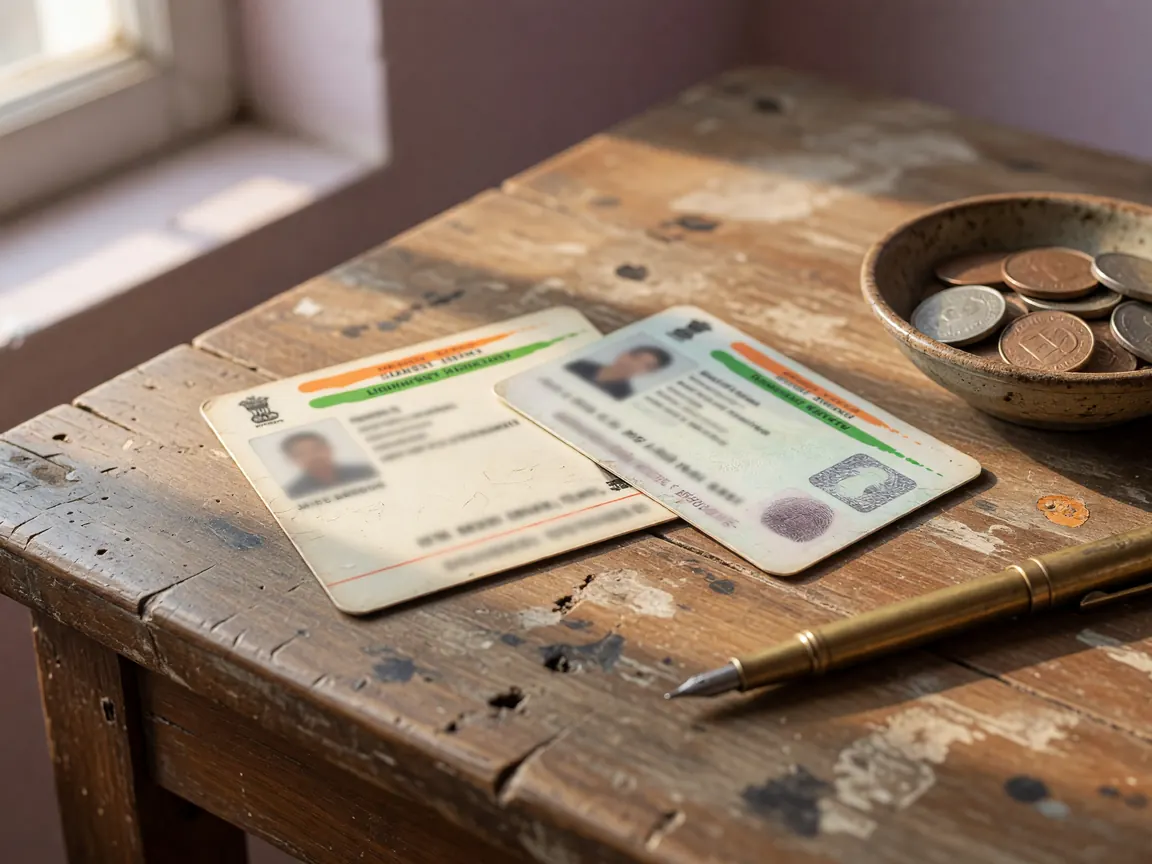 Two identity documents resting on a worn wooden desk beside a brass pen, soft daylight from a side window.