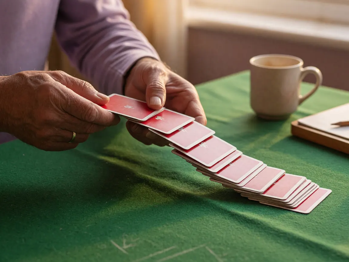 A dealer shuffling a deck of real playing cards on a green baize felt rummy table, the dealer's hands mid-shuffle with the two halves of the deck interleaving above the felt.
