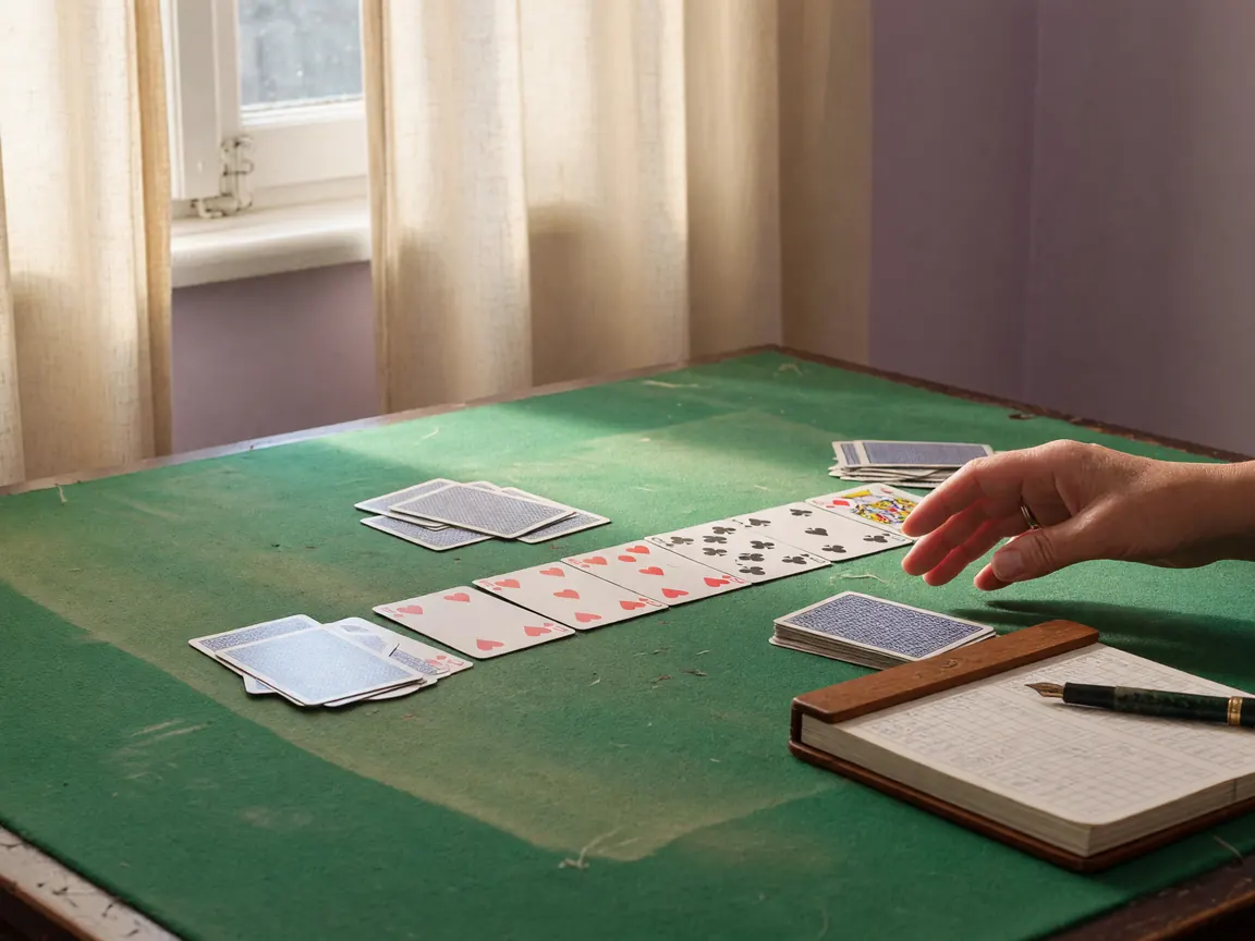 An empty rummy table beside a window with soft linen curtains, morning daylight spilling across the felt, a quiet moment of pause for the support desk.