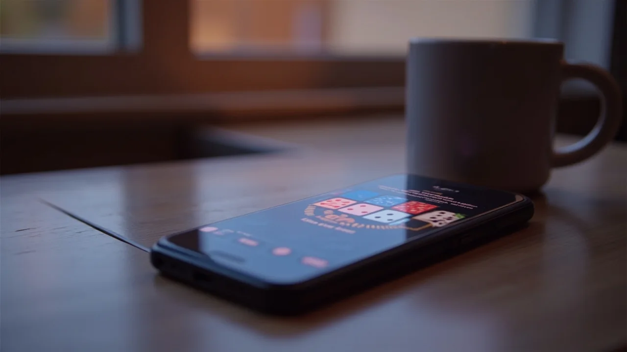 A digital rummy table mockup on a smartphone screen, viewed from above on a wooden desk.