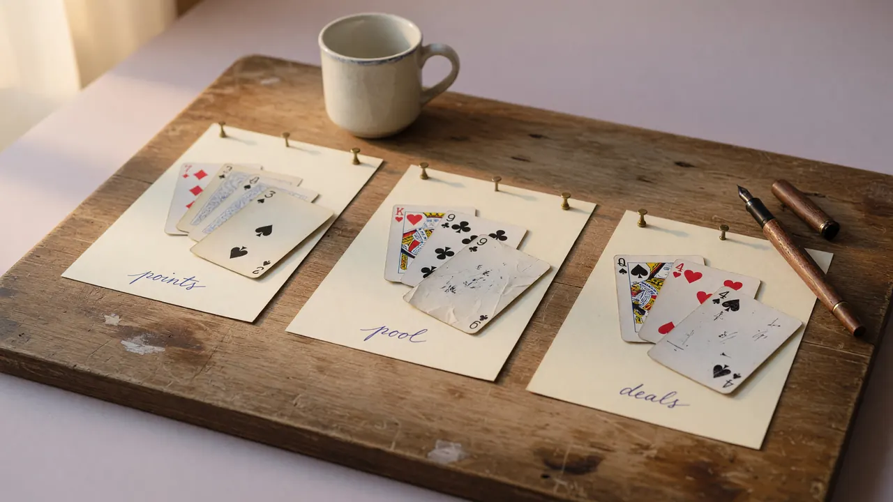 Three small card arrangements laid out on a wide wooden table representing three rummy variants, each with a single sample hand of cards placed face-up, a pen between them, soft warm window light from above-left.