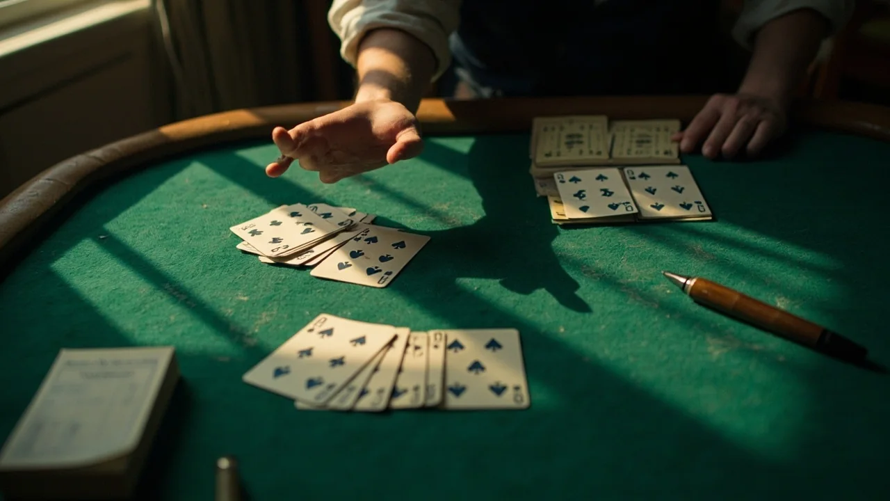 A cinematic cover photograph of a real rummy table in soft afternoon light, an overhead composition with thirteen cards in a partial meld and a single open palm hovering above the deck, soft warm window light from the left.