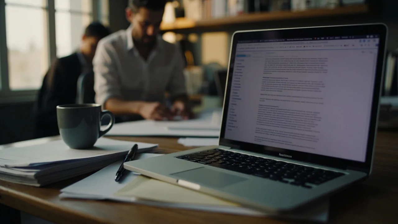 A wooden editorial desk with a colleague reading a notebook in the background, an open laptop showing a blurred rummy rule article on the screen, a fountain pen, a stack of printed press releases and a small ceramic mug, soft afternoon window light from camera-left.