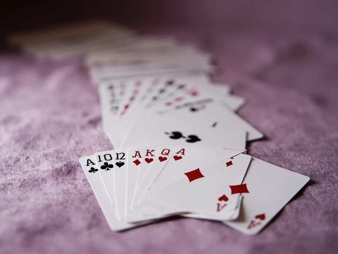 A rummy meld displayed on a plain linen tablecloth: a clean pure-sequence fanned in the foreground, a colour run behind it, a single wild-joker turned face-down beside them, 85mm shallow depth of field.