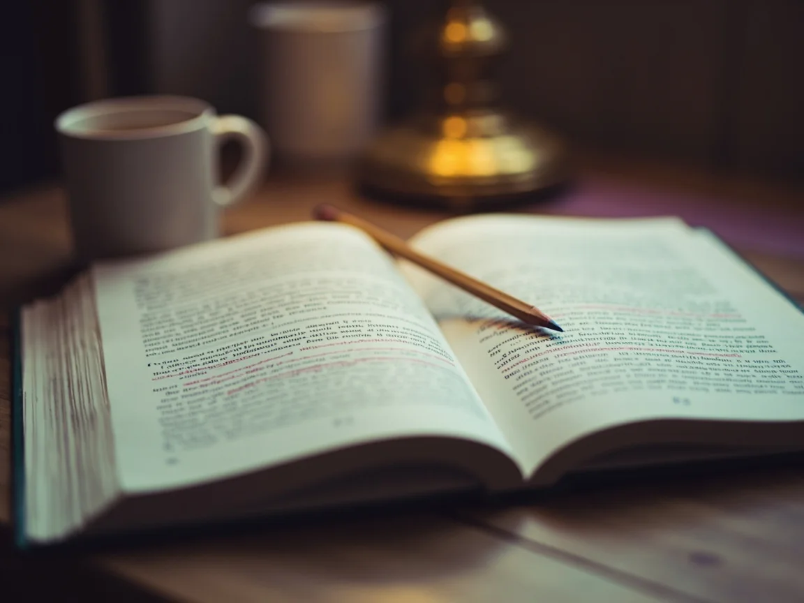 A printed rules spread on a wooden reading table, two open softcover rulebook pages with a red-pencil underline.