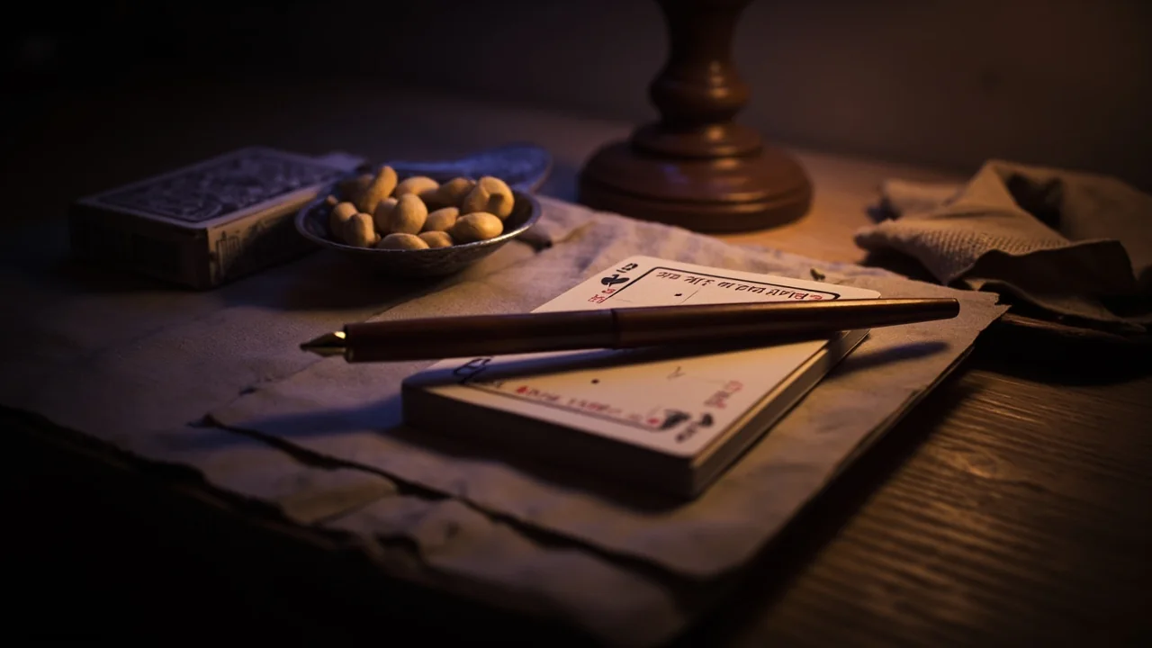 A handwritten payout-speed ledger resting on a wooden desk with a fountain pen across the page, soft daylight.