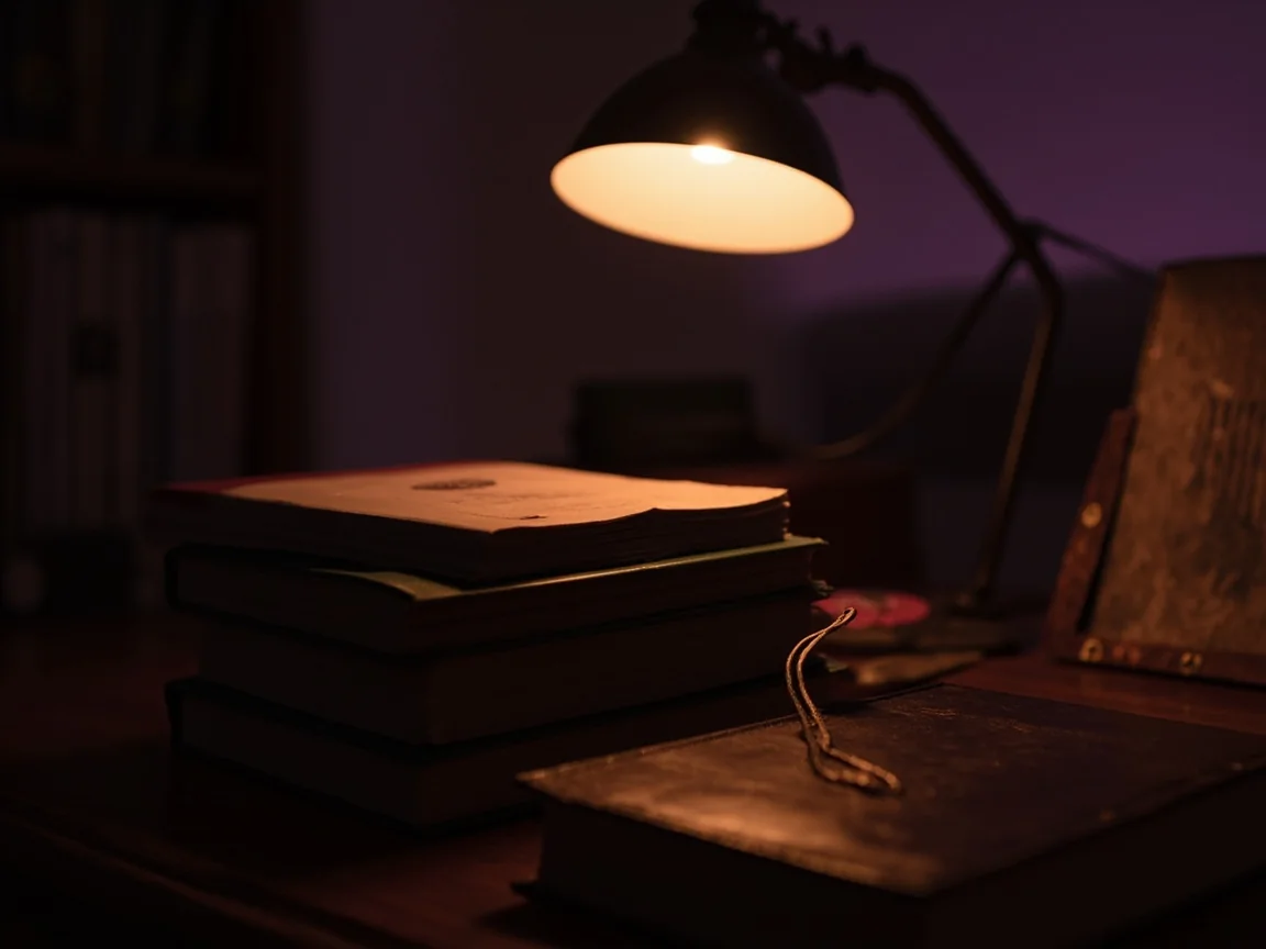 An open leather notebook on a wooden desk showing a hand-drawn pencil timeline with five plotted points, a brass bookmark hanging off the page, a fountain pen resting beside the notebook, soft window light from camera-left.