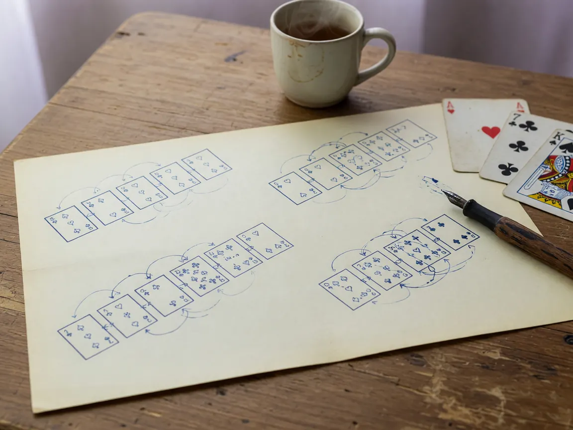 A printed cheatsheet card on a wooden desk beside an open rulebook and a fountain pen, soft afternoon window light from camera-left.