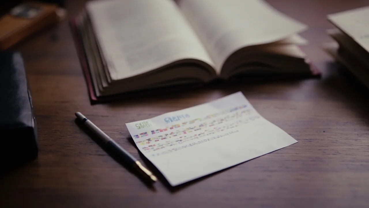 A printed beginner's cheatsheet of common rummy melds lying on a dark wood desk with a fountain pen resting at the corner.