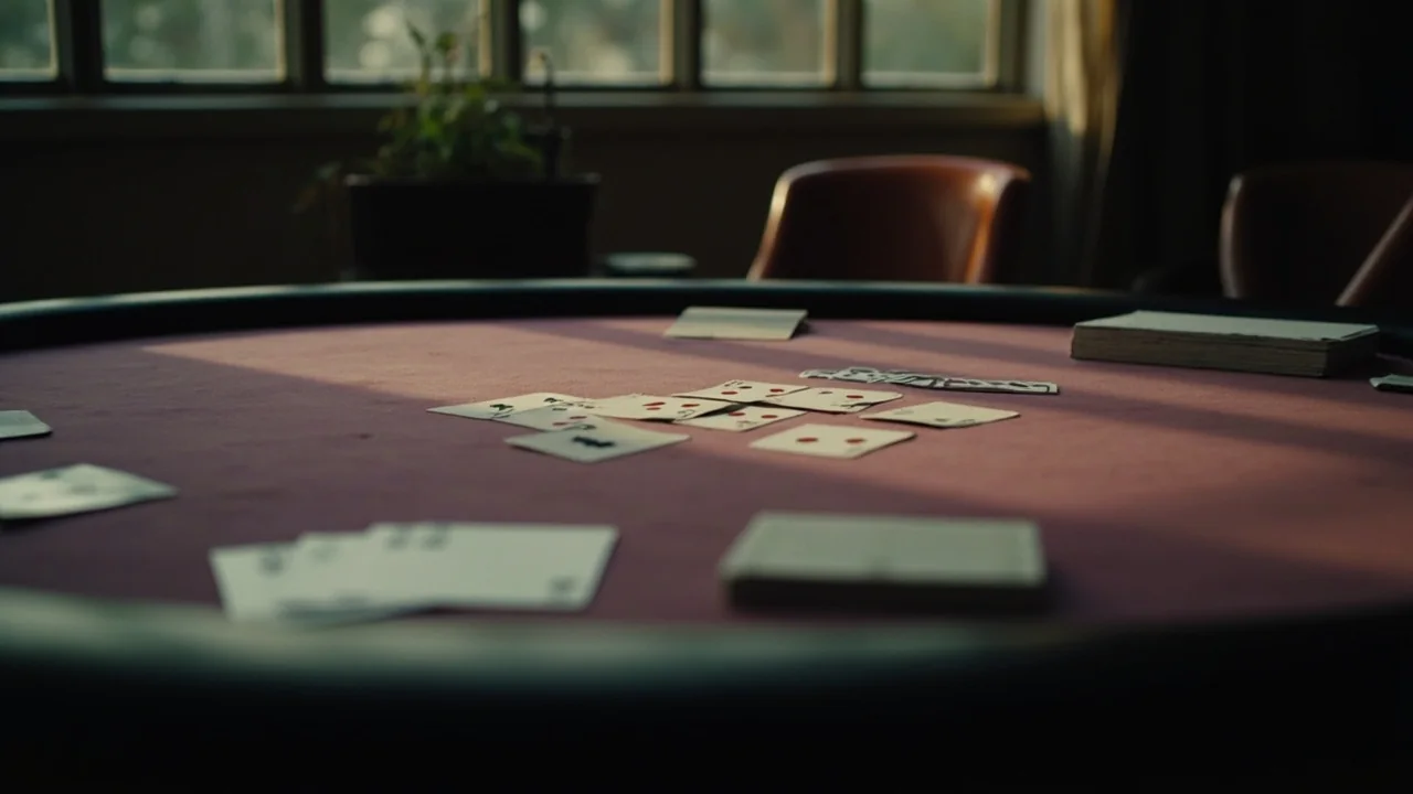 A tall stack of cream and ink-blue chips beside a deck of cards on a green felt table.