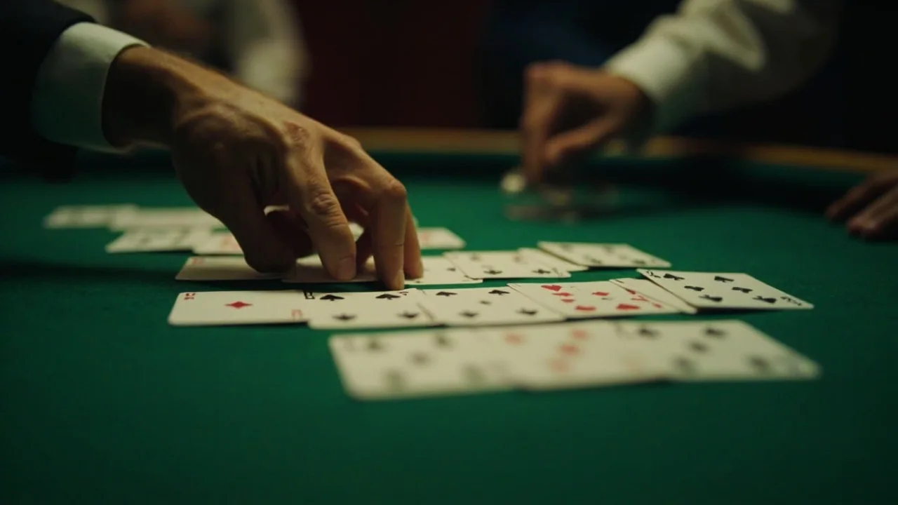 A close-up of a player stacking melds vertically at show time.