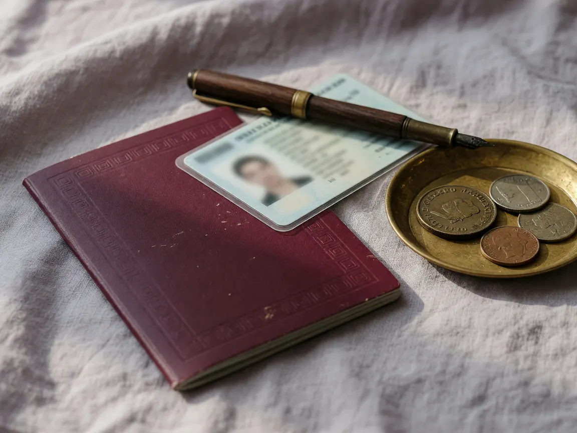 Two identity documents resting on a soft linen surface beside a fountain pen and a small brass tray of coins, gentle window daylight.