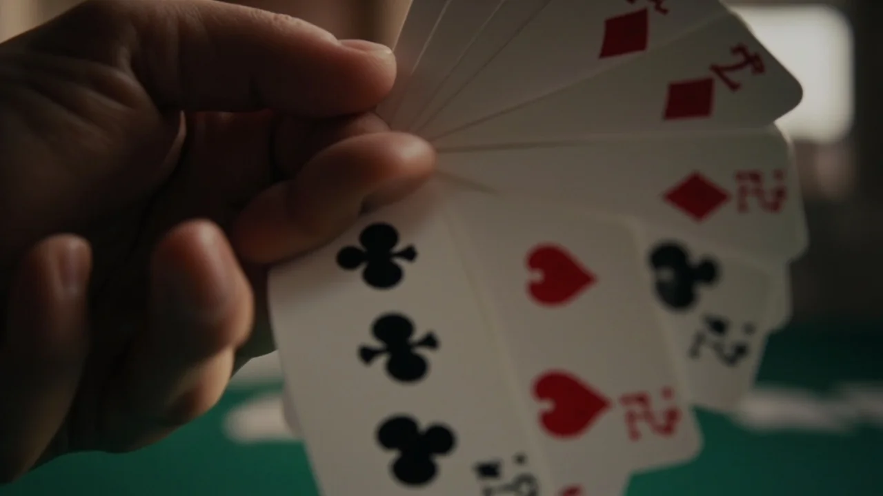 Three adult players at a card table in soft warm indoor daylight with visible cards and visible faces in profile.